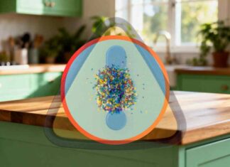 Microplastiche e piano di cucina sullo sfondo