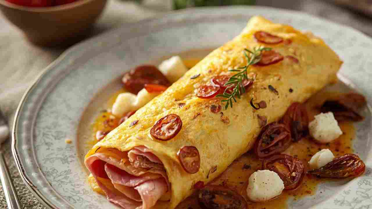 Frittata arrotolata con prosciutto, scamorza e pomodorini secchi ricettasprint.it