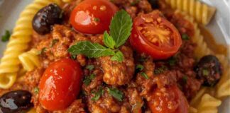 Fusilli al ragù di salsiccia, con olive nere e pomodoro fresco, il primo che risolve e coinvolge tutti Fusilli al ragù di salsiccia, con olive nere e pomodoro fresco, il primo che risolve e coinvolge tutti ricettasprint.it