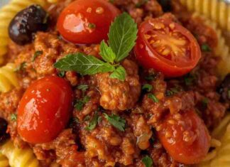 Fusilli al ragù di salsiccia, con olive nere e pomodoro fresco, il primo che risolve e coinvolge tutti ricettasprint.it