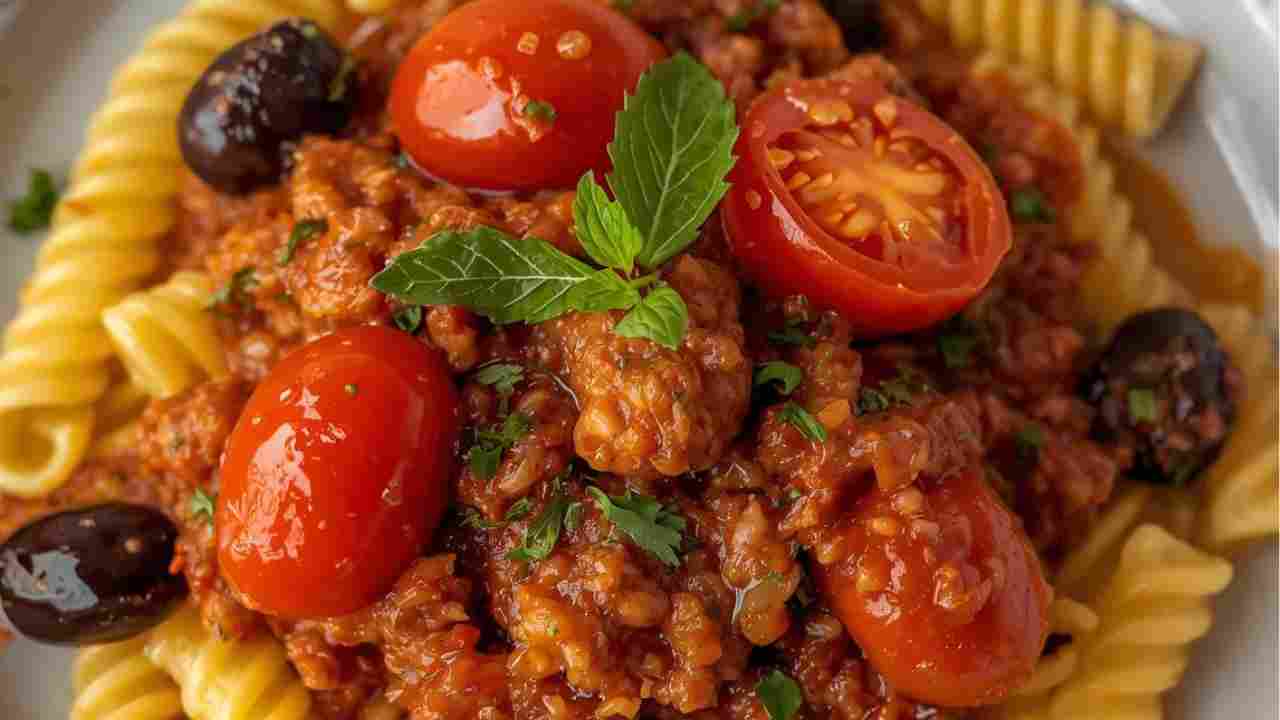 Fusilli al ragù di salsiccia, con olive nere e pomodoro fresco, il primo che risolve e coinvolge tutti ricettasprint.it