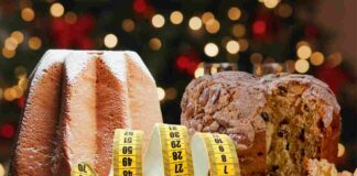 A dieta a Natale? Ecco QUANTO panettone e pandoro puoi mangiare senza ingrassare Panettone, pandoro e metro su sfondo natalizio