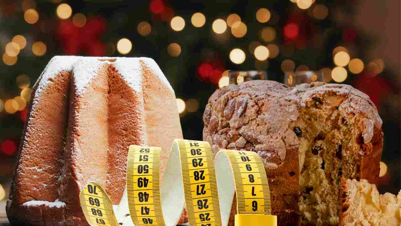 Panettone, pandoro e metro su sfondo natalizio