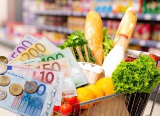 Carrello della spesa pieno e soldi in euro