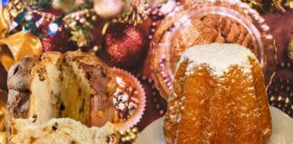 Panettone e pandoro e biscotti con sfondo natalizio