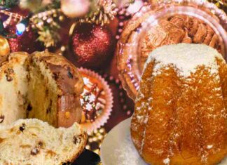 Panettone e pandoro e biscotti con sfondo natalizio
