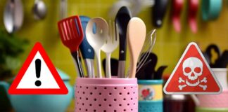 Sembrano innocui, ma non lo sono: i materiali che contaminano quel che mangi tutti i giorni Utensili da cucina in un contenitore rosa