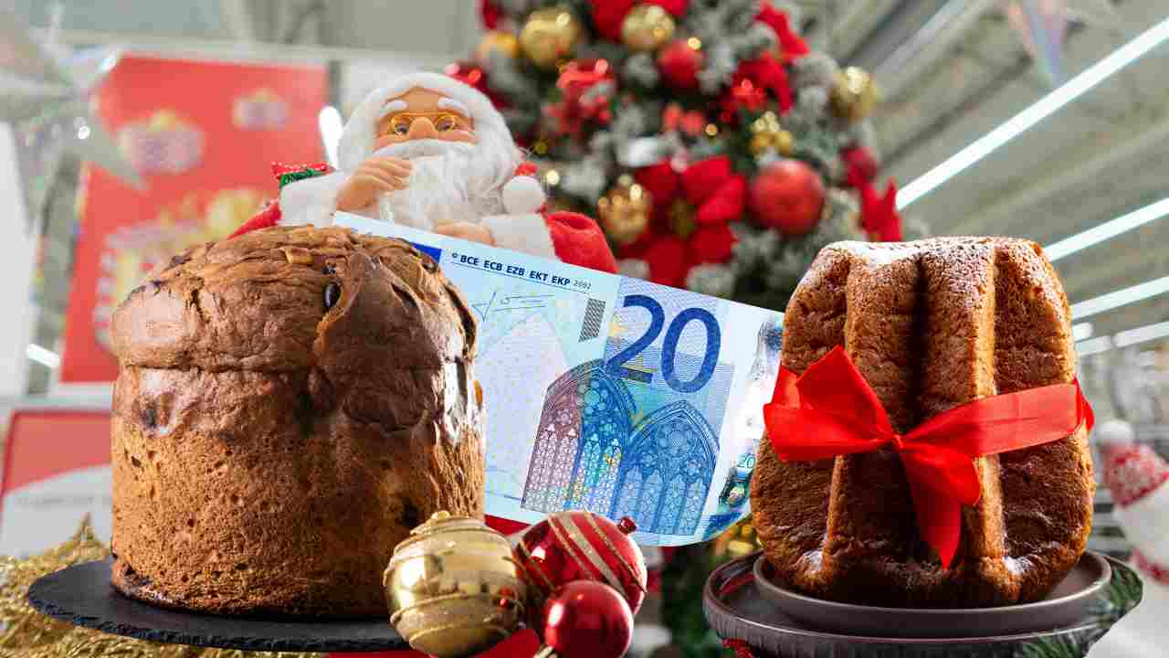 Pandoro e panettone con 20 € e corsia di supermercato addobbata per Natale come sfondo