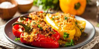 La cena è servita su dei peperoni buonissimi, il ripieno che nessuno si aspetta, da fare subito peperoni ripieni di mollica