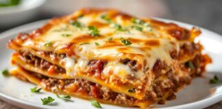 Lasagna della domenica, bella ricca come la faceva la nonna che lascia il piatto rosso Lasagna della nonna - RicettaSprint