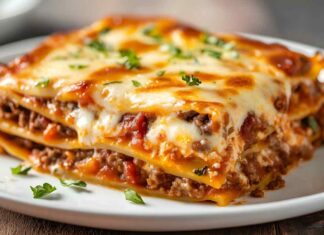 Lasagna della domenica, bella ricca come la faceva la nonna che lascia il piatto rosso Lasagna della nonna - RicettaSprint
